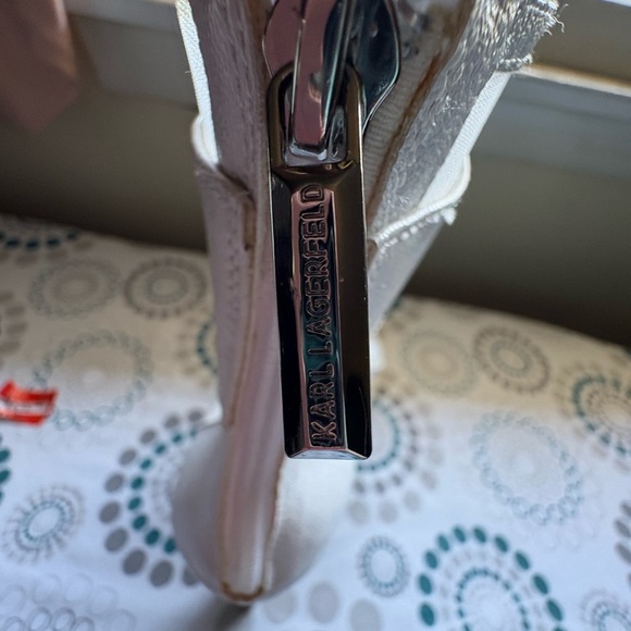 NEW- Karl Lagerfeld Elegant White Heeled Sandals with Crystal Embellishments - Picture 6 of 11